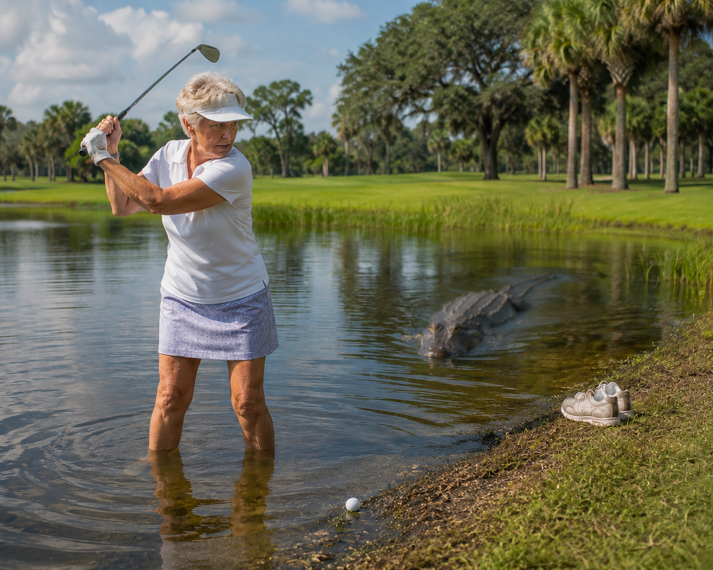 Woman retrieving golf ball near gator